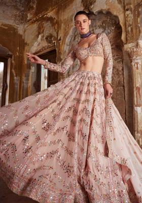 Peach Thread Work Georgette Lehenga Set