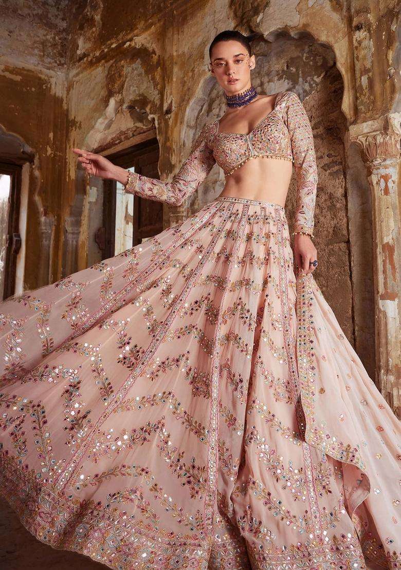 Peach Georgette Lehenga Set with Thread Work for Diwali | Wedding & Festive Wear - Indya