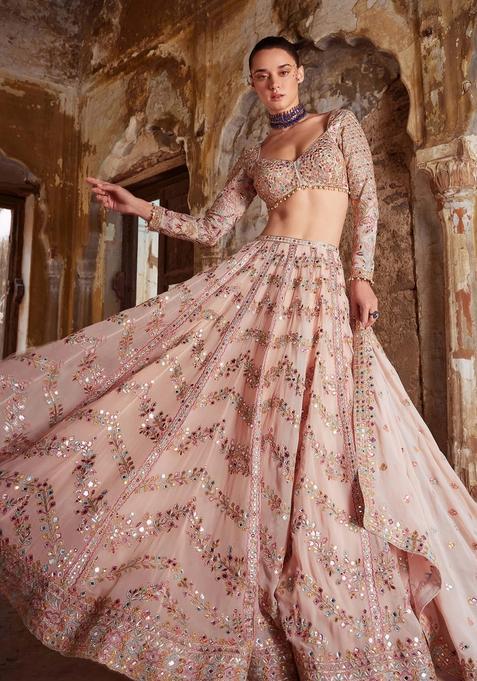 Peach Thread Work Georgette Lehenga Set