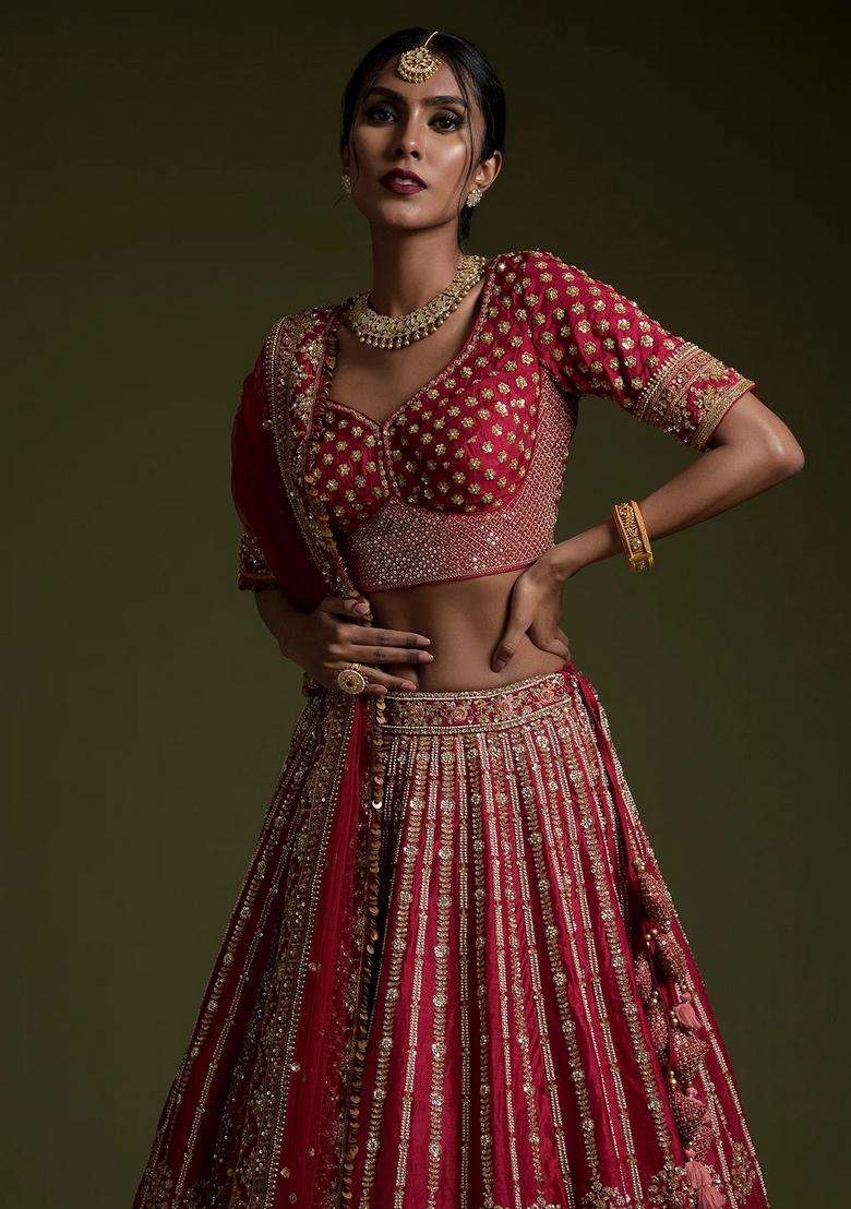 Maroon Sequins Work Silk Blend Lehenga Set for Diwali and Festive Wear - Indya
