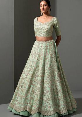 Pista Sequins Work Silk Lehenga Set