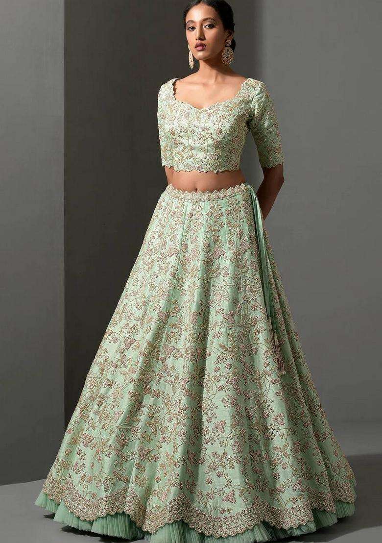 Pista Sequins Work Silk Blend Lehenga Set for Diwali and Festive Wear - Indya