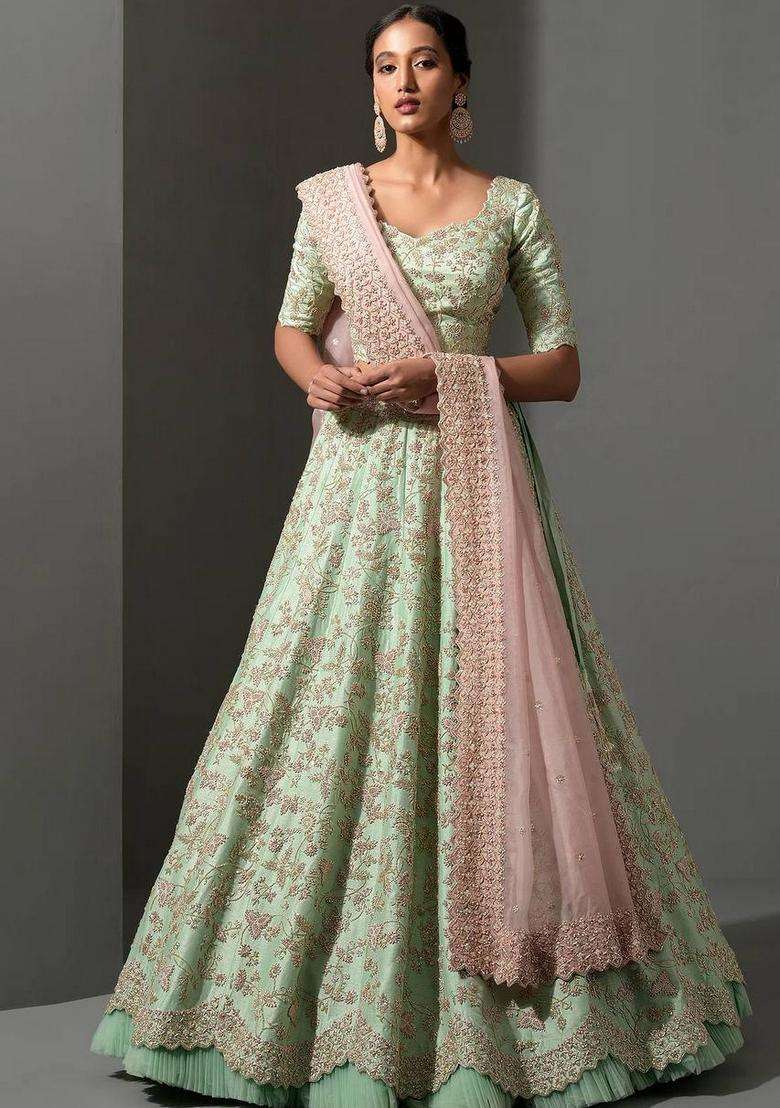 Pista Sequins Work Silk Blend Lehenga Set for Diwali and Festive Wear - Indya