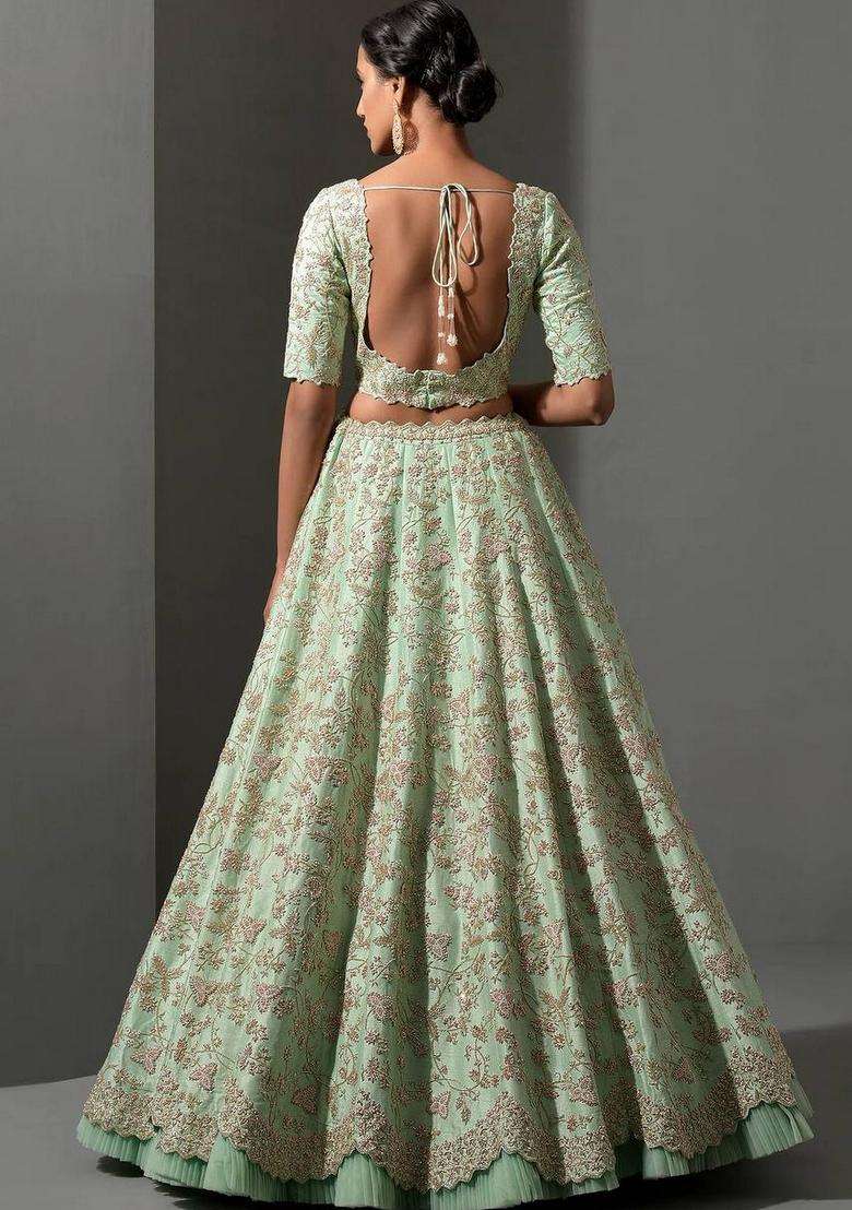 Pista Sequins Work Silk Blend Lehenga Set for Diwali and Festive Wear - Indya