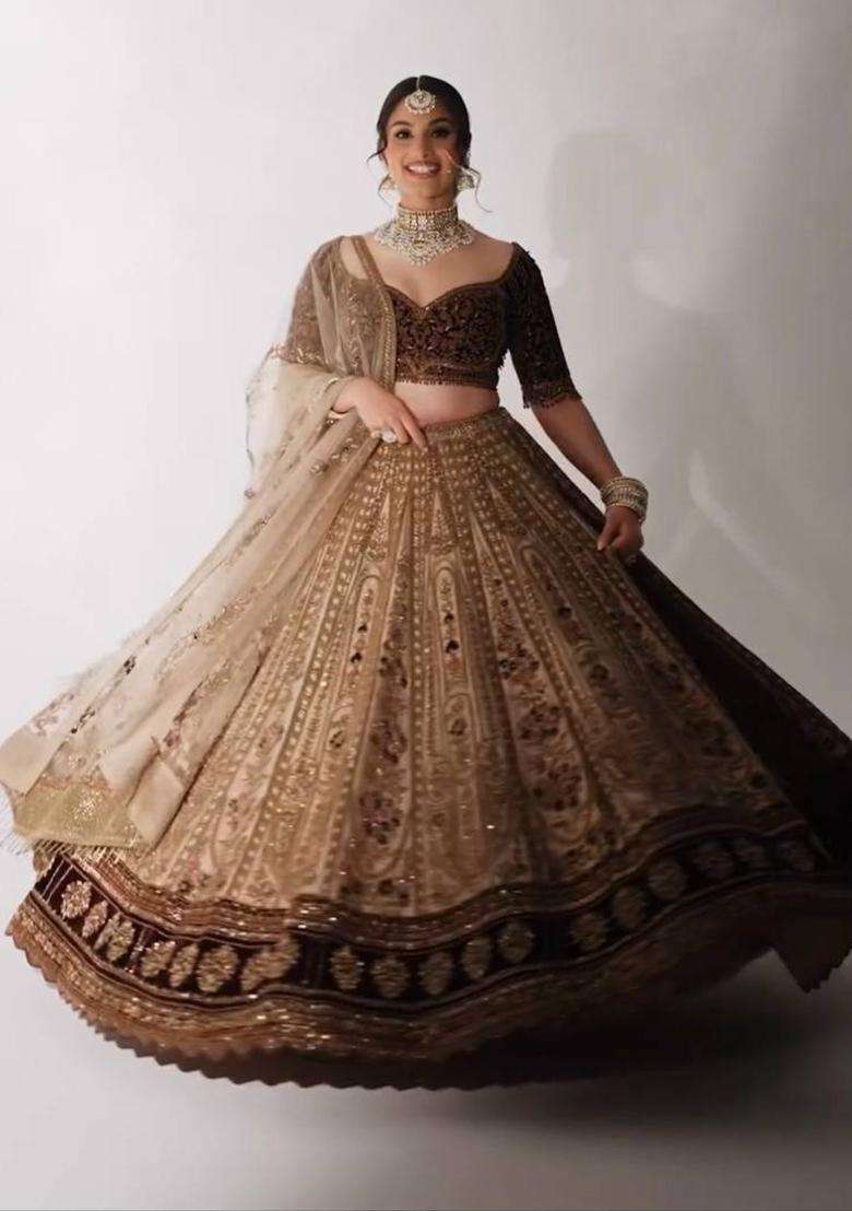 Cream Sequins Work Silk Blend Lehenga Set - Indya