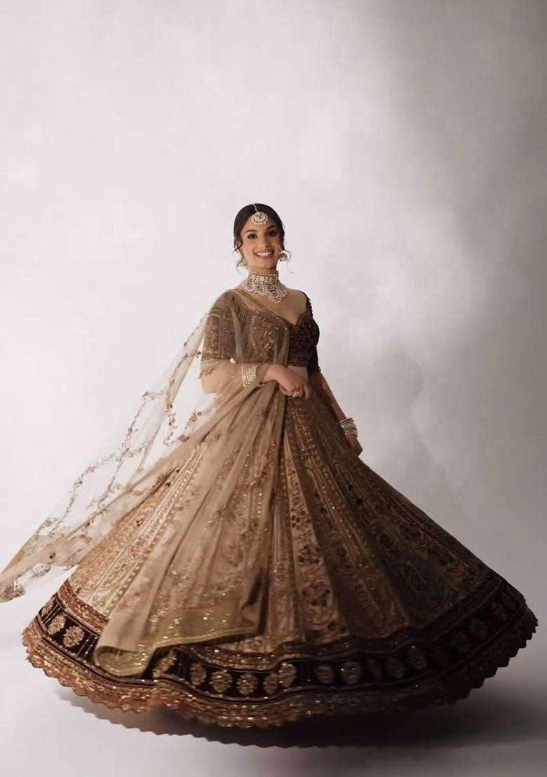 Cream Sequins Work Silk Blend Lehenga Set - Indya
