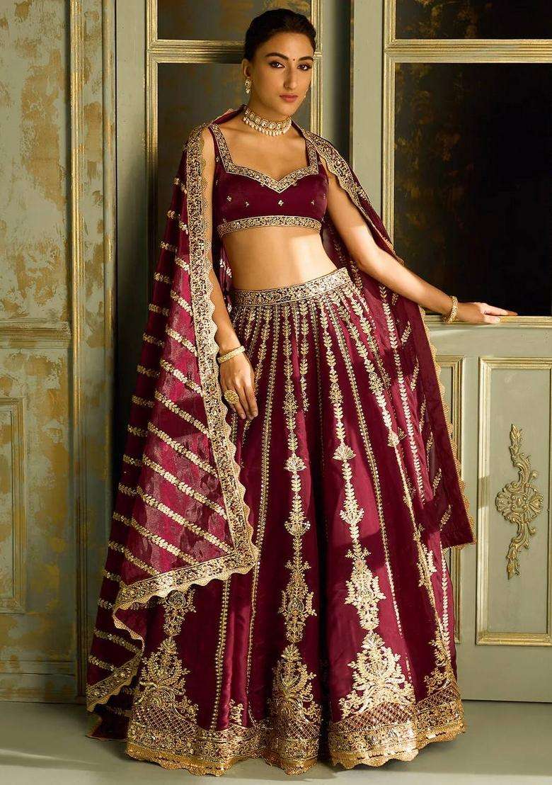 Red Zari Work Silk Blend Lehenga Set for Diwali and Festive Wear - Indya