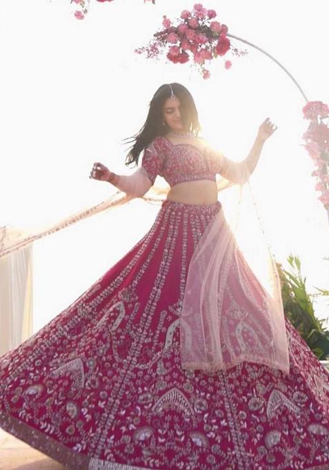 Magenta Sequins Work Silk Lehenga Set