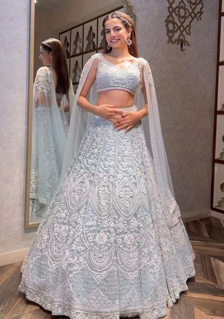 Sky Blue Sequins Work Net Lehenga Set for Diwali and Festive Wear - Indya