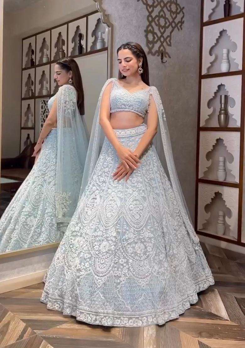 Sky Blue Sequins Work Net Lehenga Set for Diwali and Festive Wear - Indya