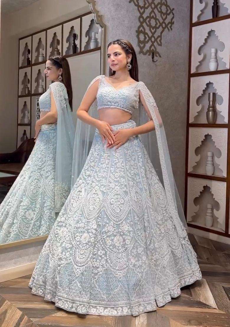 Sky Blue Sequins Work Net Lehenga Set for Diwali and Festive Wear - Indya