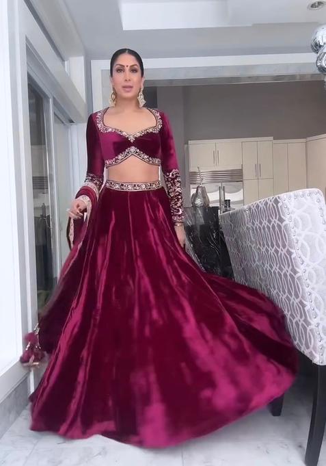 Purple Sequins Work Velvet Lehenga Set