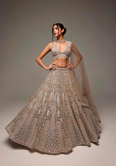 Gold Sequins Work Net Lehenga Set