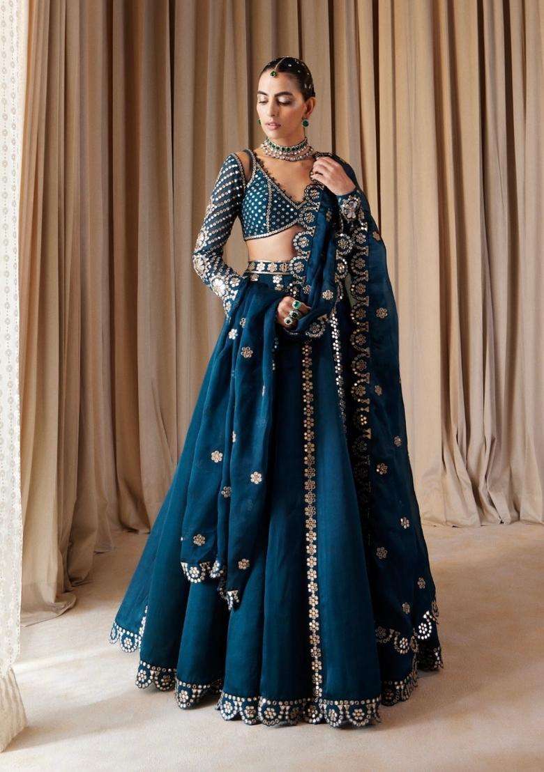 Teal Zari Work Silk Blend Lehenga Set for Diwali and Festive Wear - Indya