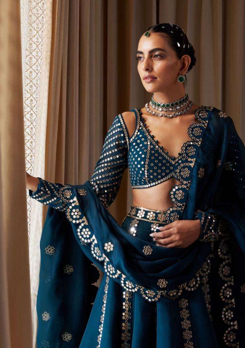 Teal Zari Work Silk Blend Lehenga Set for Diwali and Festive Wear - Indya