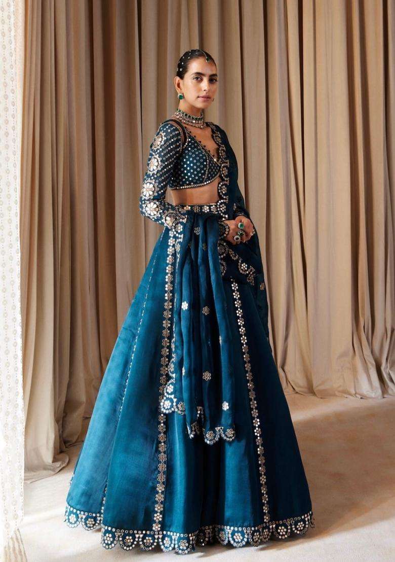 Teal Zari Work Silk Blend Lehenga Set for Diwali and Festive Wear - Indya