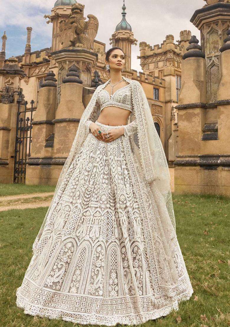 White Work Net Lehenga Set with Sequins for Diwali | Wedding & Festive Wear - Indya