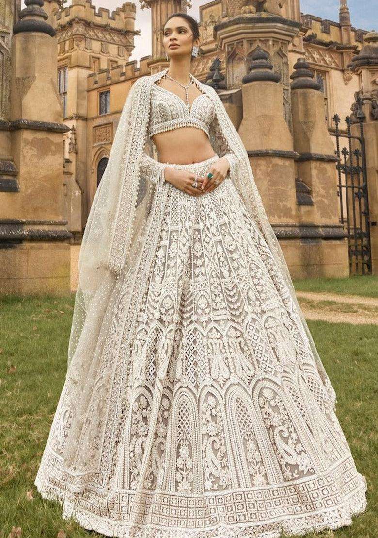 White Work Net Lehenga Set with Sequins for Diwali | Wedding & Festive Wear - Indya