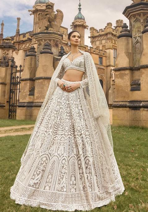 White Sequins Work Net Lehenga Set