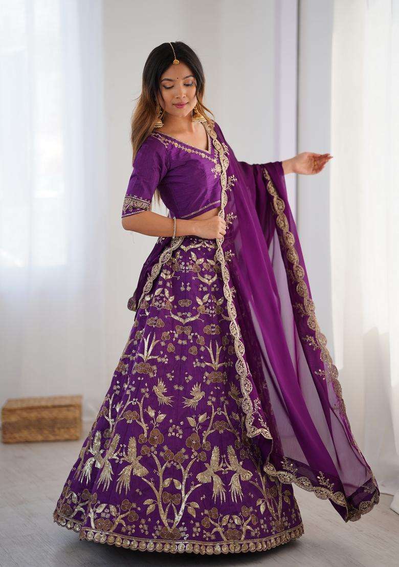 Purple Work Silk Blend Lehenga Set with Sequins for Diwali | Wedding & Festive Wear - Indya