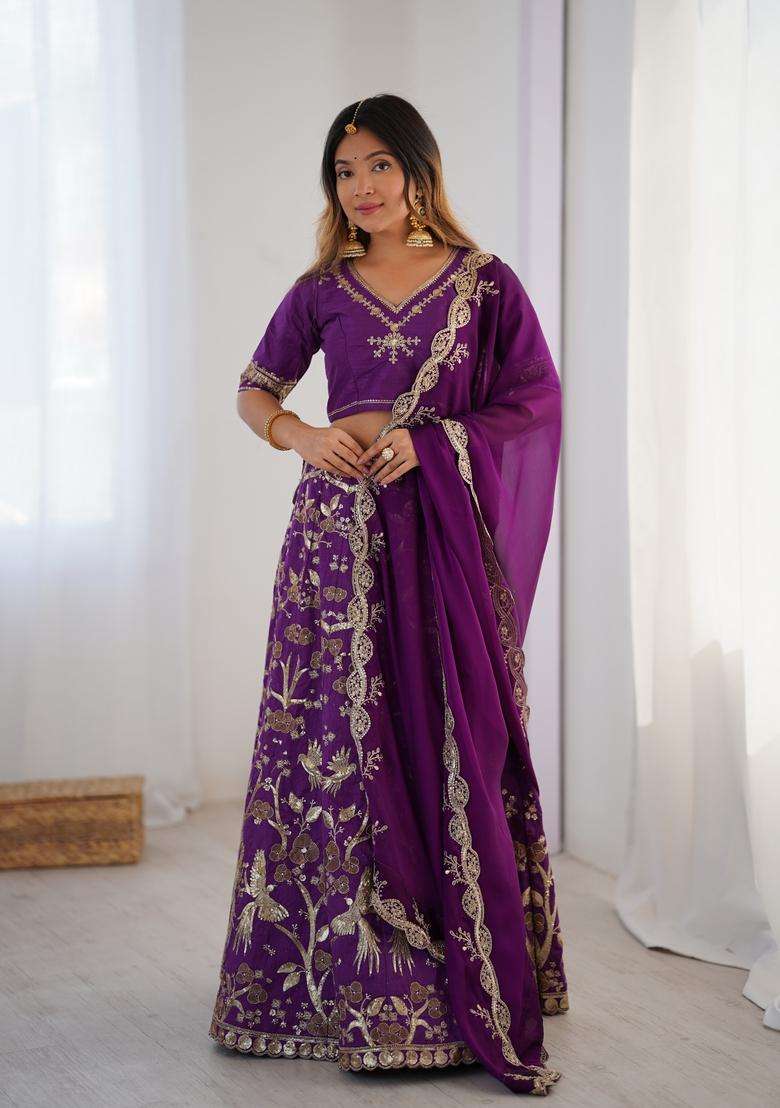 Purple Work Silk Blend Lehenga Set with Sequins for Diwali | Wedding & Festive Wear - Indya