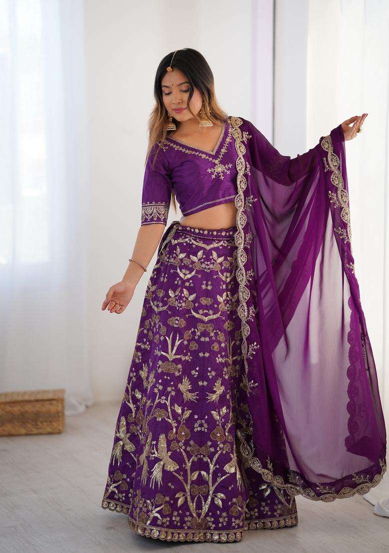 Purple Work Silk Blend Lehenga Set with Sequins for Diwali | Wedding & Festive Wear - Indya