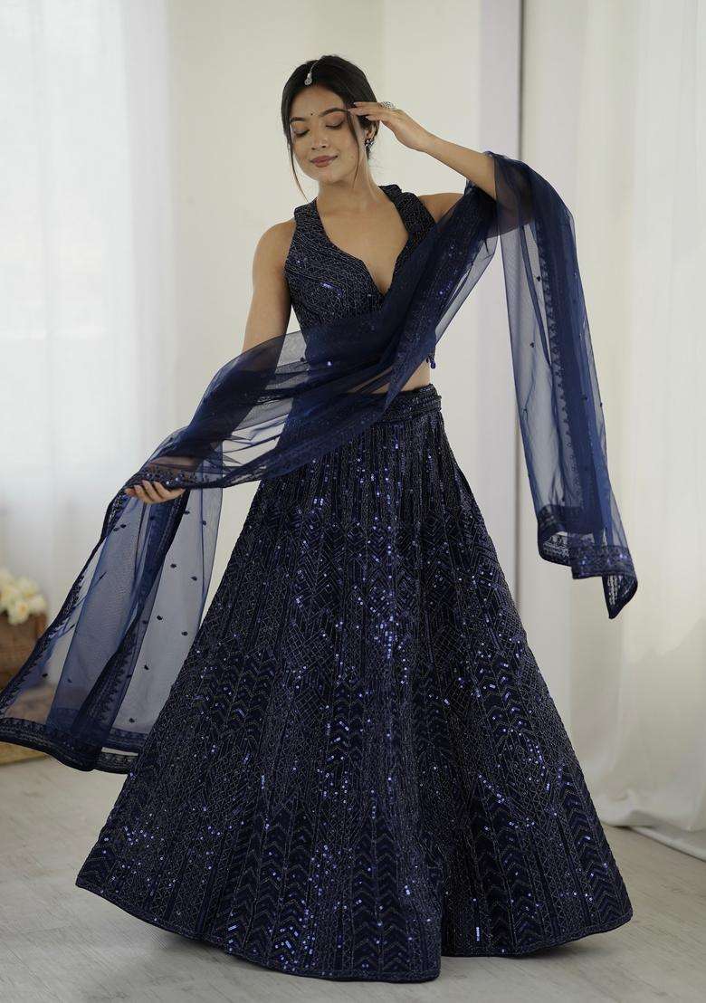 Blue Sequins Work Net Lehenga Set for Diwali and Festive Wear - Indya
