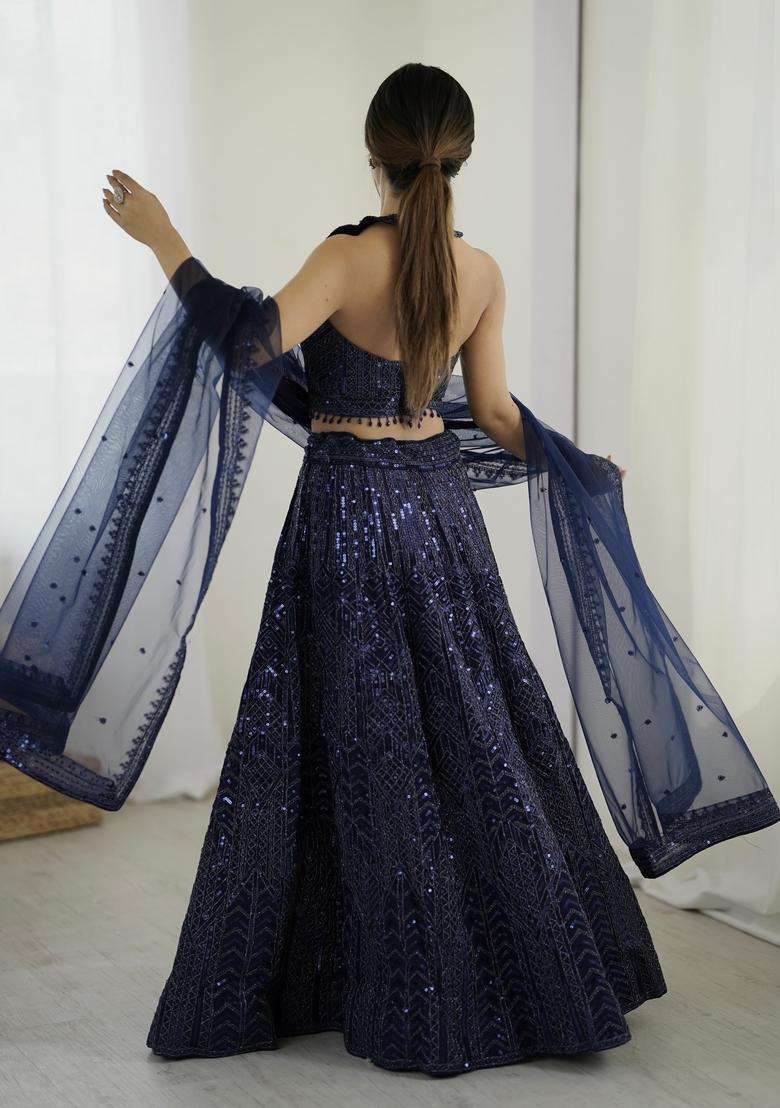 Blue Sequins Work Net Lehenga Set for Diwali and Festive Wear - Indya