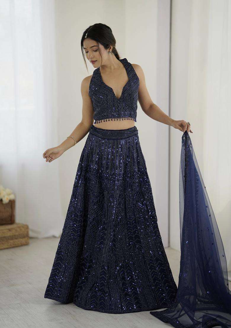Blue Sequins Work Net Lehenga Set for Diwali and Festive Wear - Indya