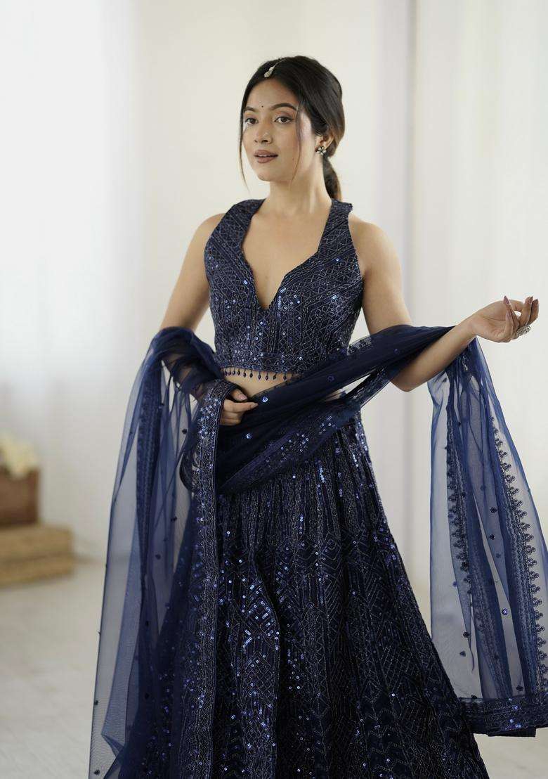 Blue Sequins Work Net Lehenga Set for Diwali and Festive Wear - Indya
