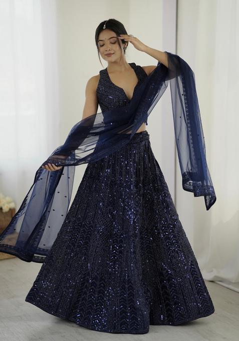 Blue Sequins Work Net Lehenga Set