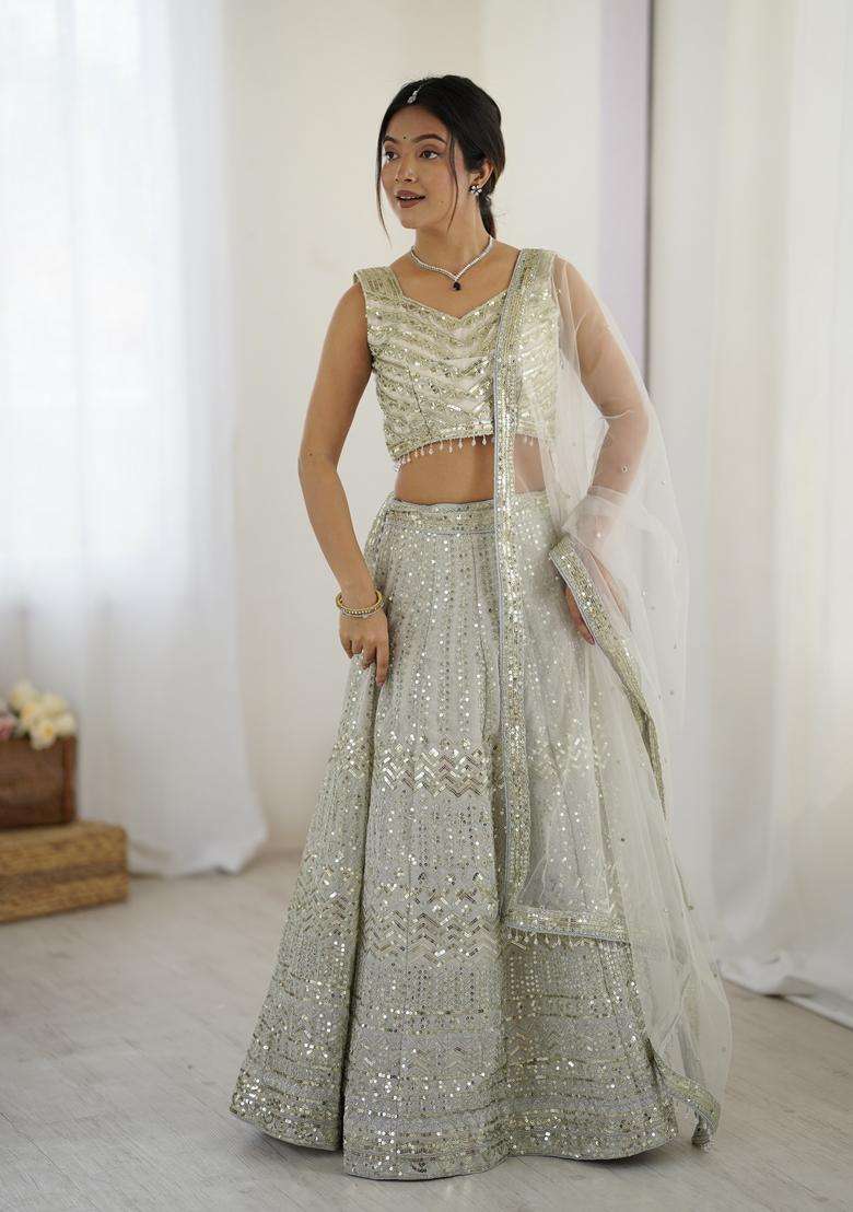 Off White Sequins Work Georgette Lehenga Set - Indya