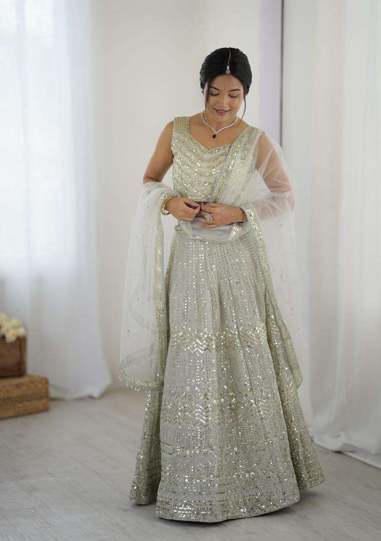 Off White Sequins Work Georgette Lehenga Set - Indya