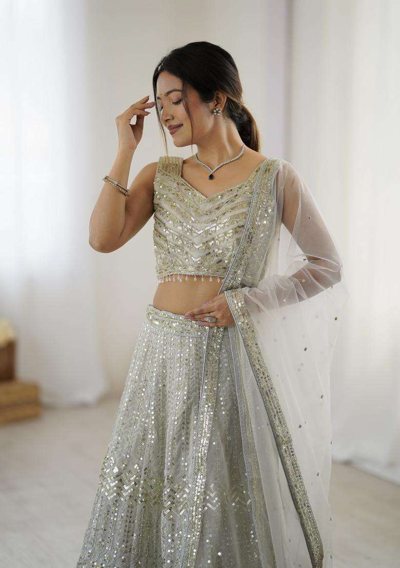 Off White Sequins Work Georgette Lehenga Set - Indya