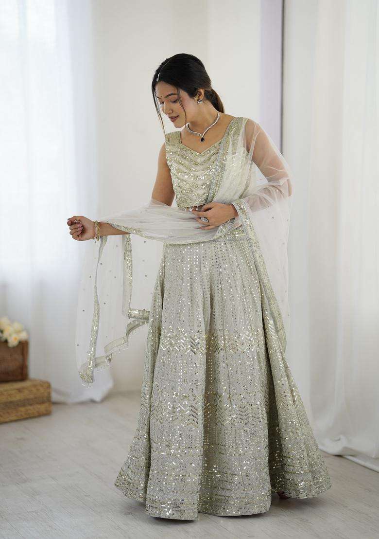 Off White Sequins Work Georgette Lehenga Set - Indya
