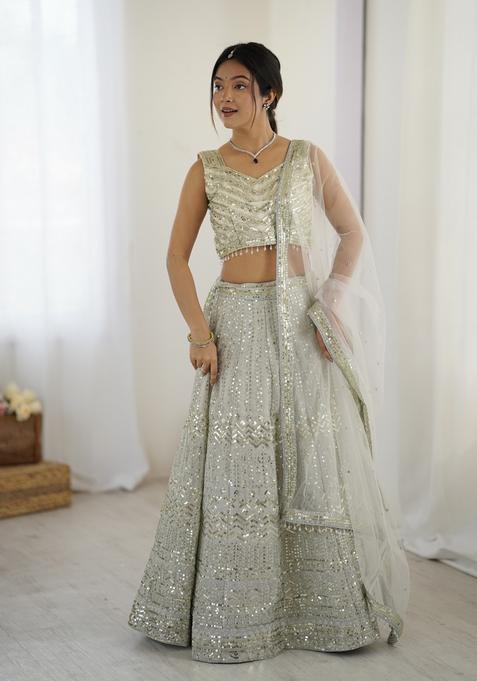 Off White Sequins Work Georgette Lehenga Set