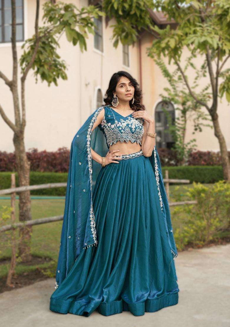 Teal Blue Beads Work Fendy Lehenga Set for Diwali | Wedding & Festive Wear - Indya