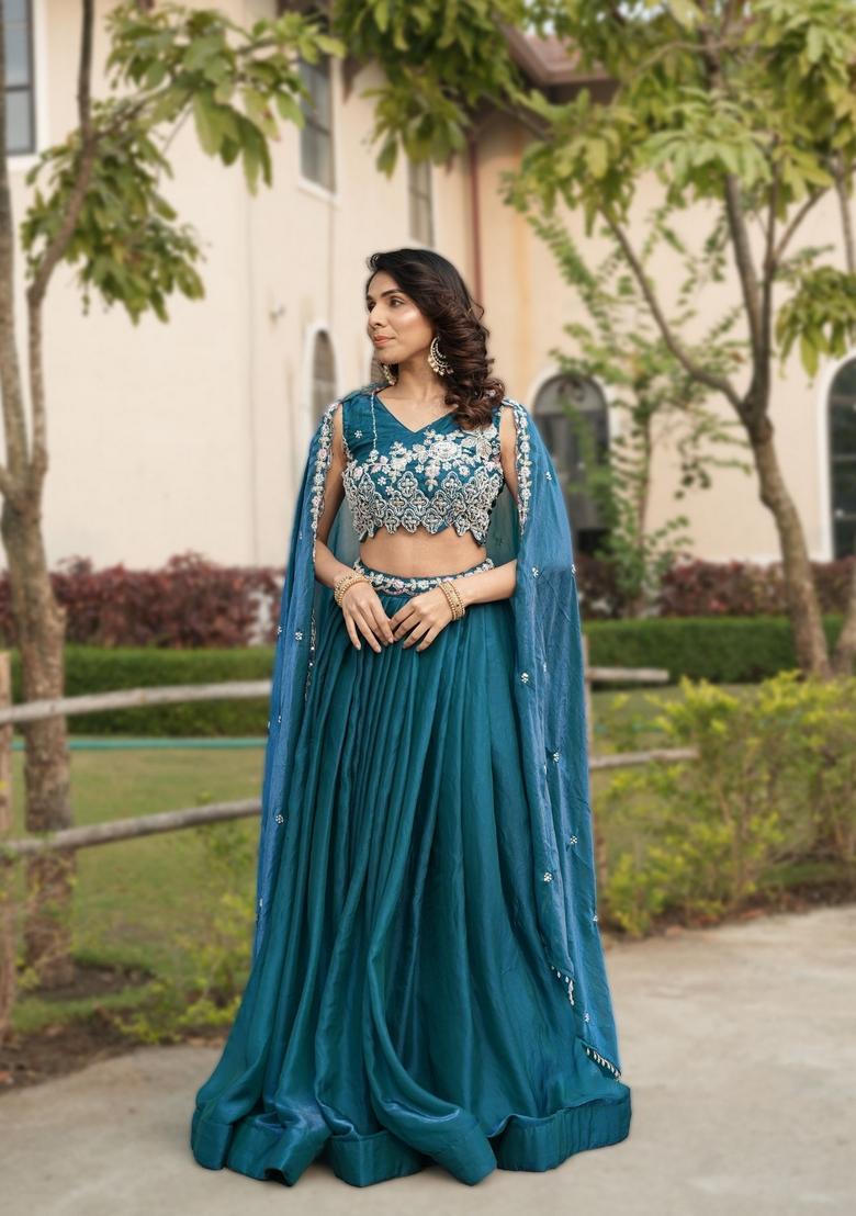 Teal Blue Beads Work Fendy Lehenga Set - Indya