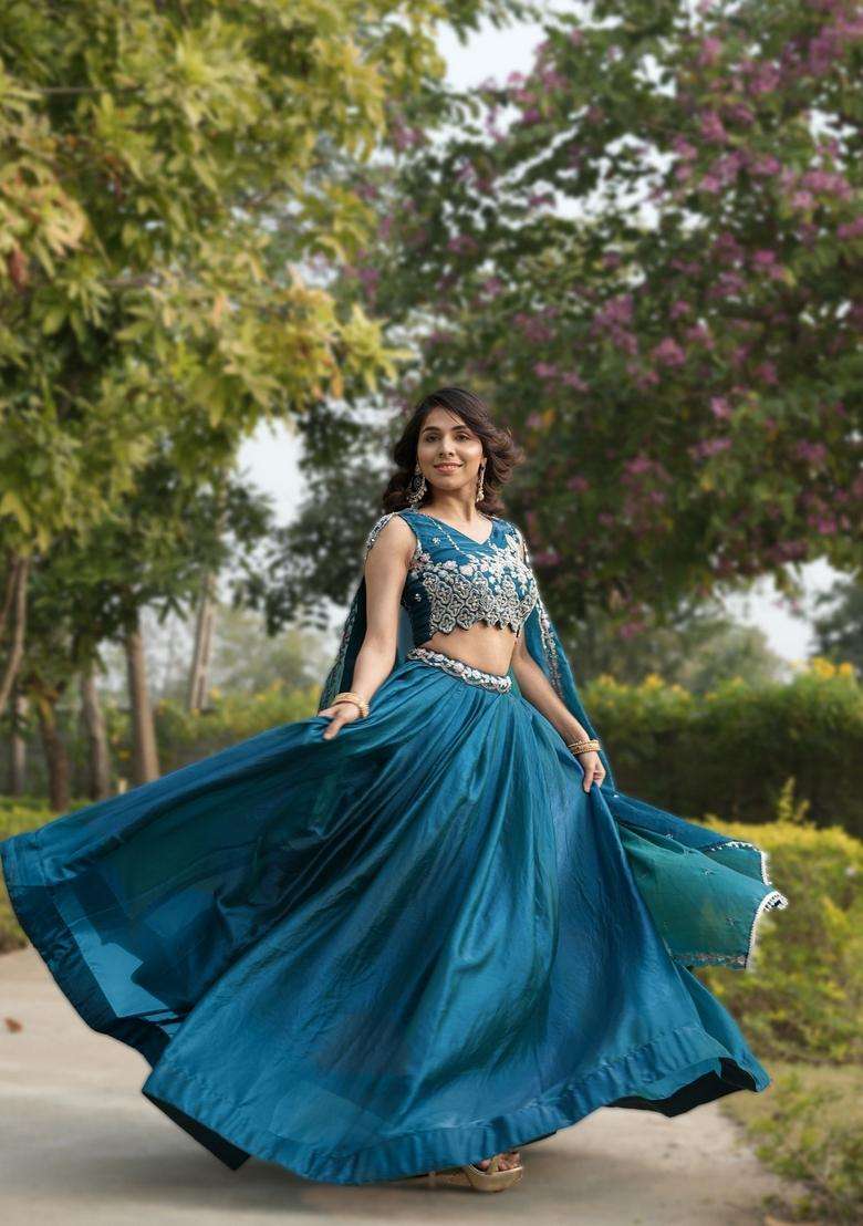 Teal Blue Beads Work Fendy Lehenga Set for Diwali | Wedding & Festive Wear - Indya