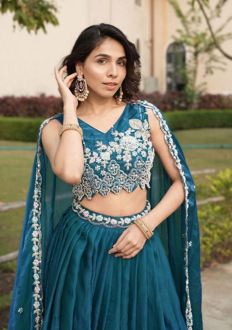 Teal Blue Beads Work Fendy Lehenga Set - Indya