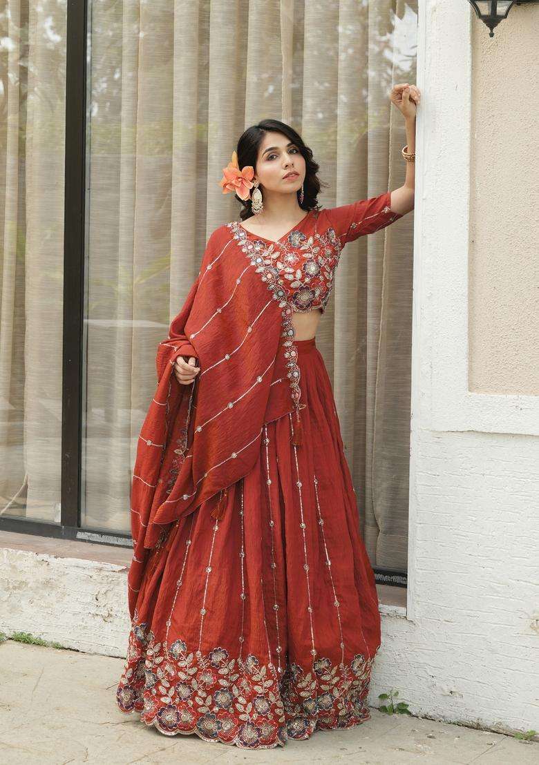 Rust Orange Embroidery Vichitra Lehenga Set for Diwali and Festive Wear - Indya