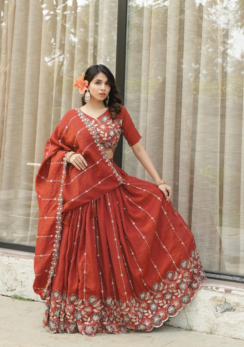 Rust Orange Embroidery Vichitra Lehenga Set - Indya