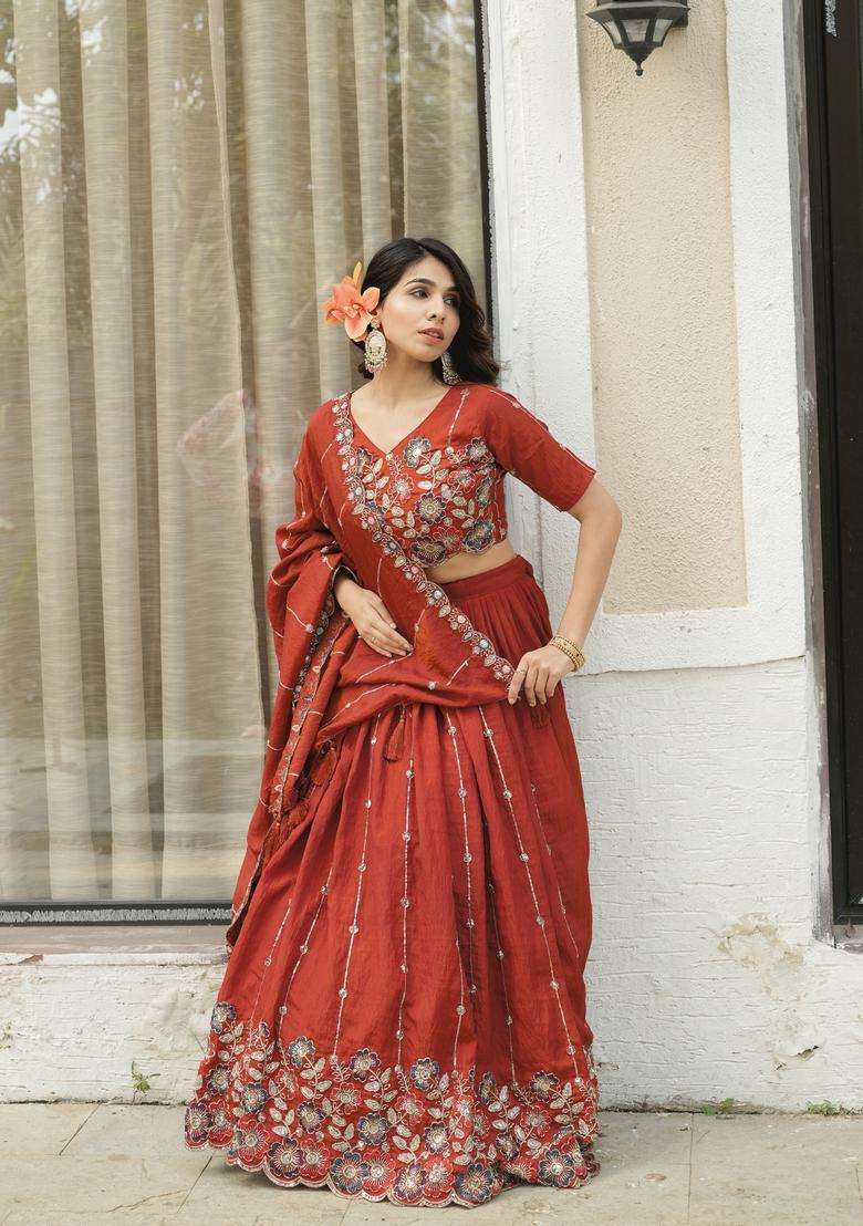 Rust Orange Embroidery Vichitra Lehenga Set for Diwali and Festive Wear - Indya