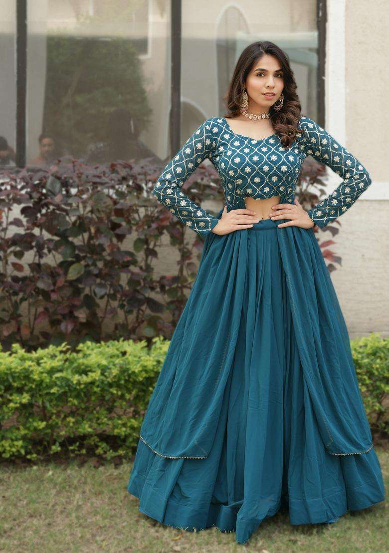 Teal Blue Embroidery Georgette Lehenga Set - Indya