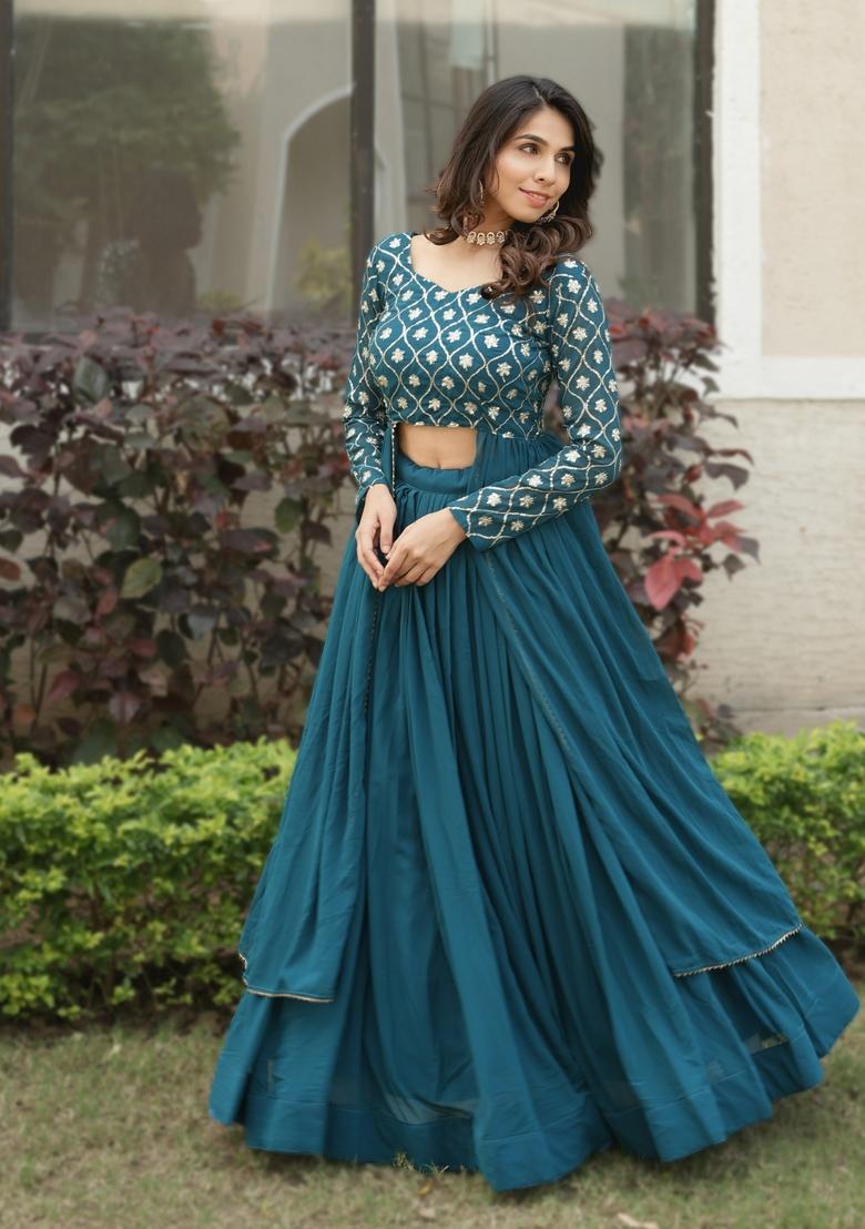 Teal Blue Embroidery Georgette Lehenga Set - Indya