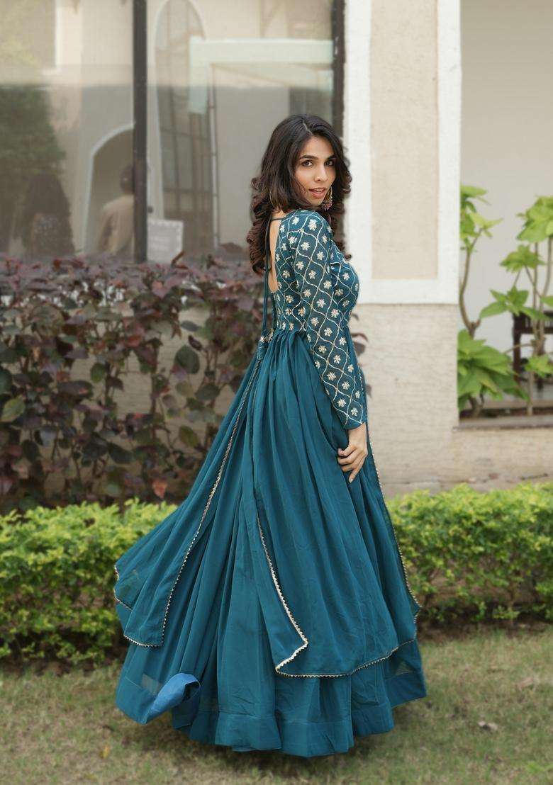 Teal Blue Embroidery Georgette Lehenga Set - Indya