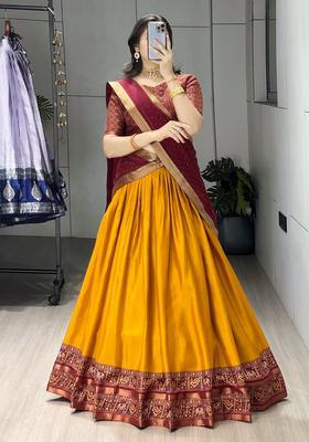 Mustard Printed Cotton Lehenga Set