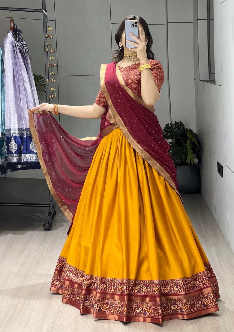 Mustard Printed Cotton Lehenga Set - Indya