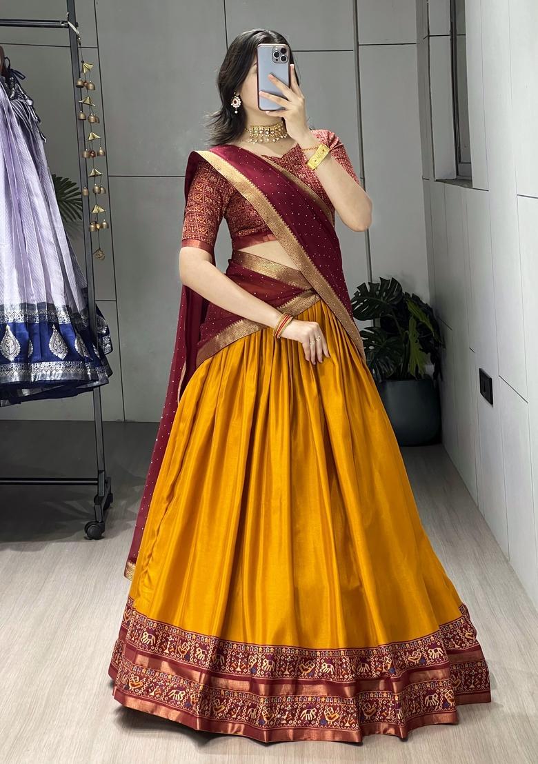 Mustard Printed Cotton Lehenga Set - Indya