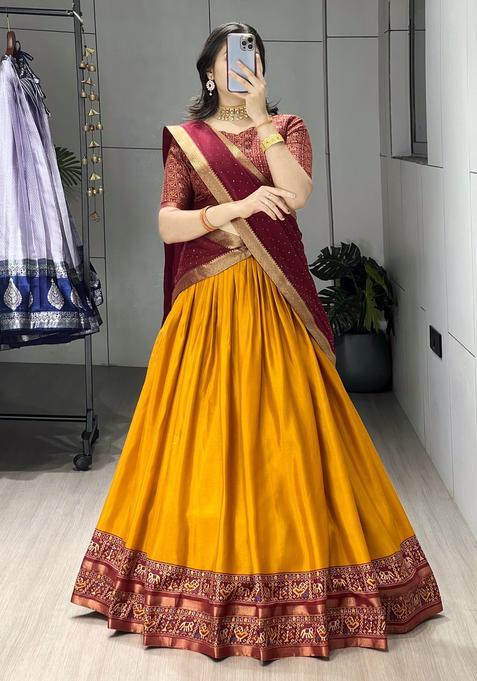 Mustard Printed Cotton Lehenga Set
